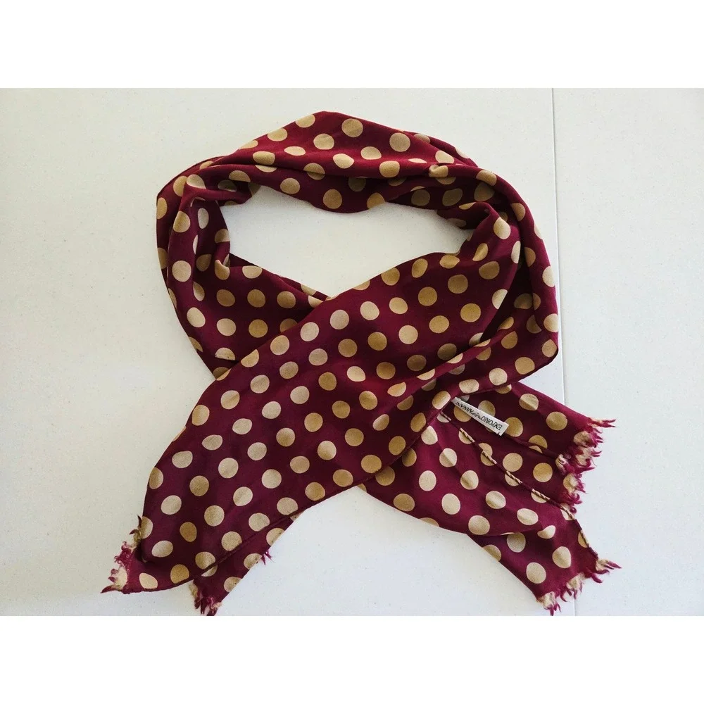 Emporio Armani Womens Scarf Burgundy Silk Polka Dot Fringed Made in Italy